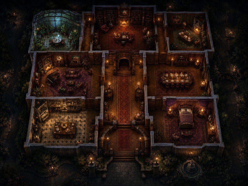 Isometric cutaway of a Victorian mansion, rooms and furniture seen from above